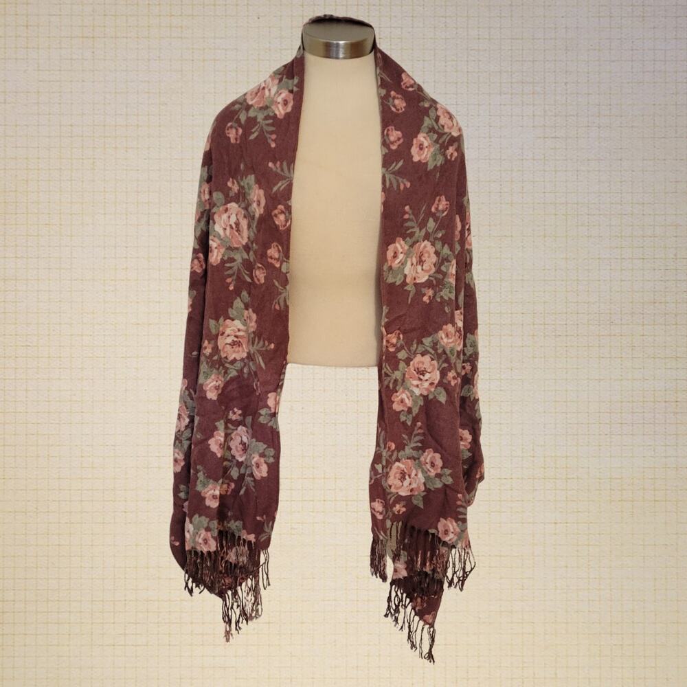 Vintage-Inspired Floral Shawl Scarf Deep Purple Pink Roses Polyester Blend Fring